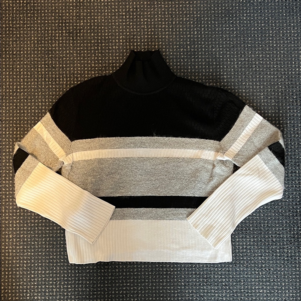 Theory Black and Gray Striped Turtleneck Sweater